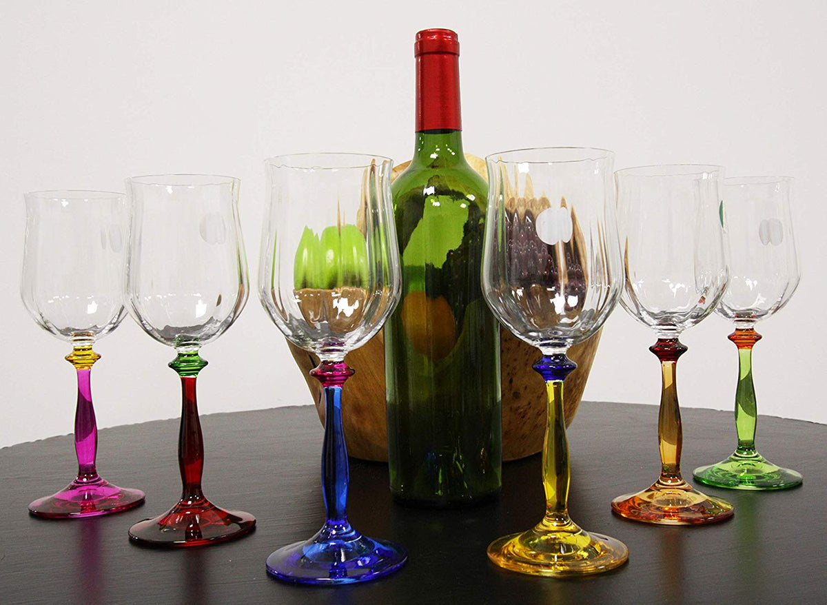 Italian Set of 6 Beveled Champagne Wine Glasses With Infused Colorful Stems