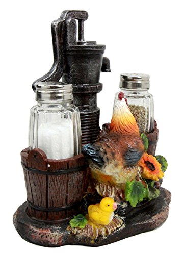 Farm Irrigation Well Pump Chicken Hen Salt Pepper Shakers Holder Figurine Set - Ebros Gift
