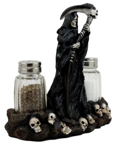 Grim Reaper Standing On Skull Graveyard Salt & Pepper Shakers Holder Set