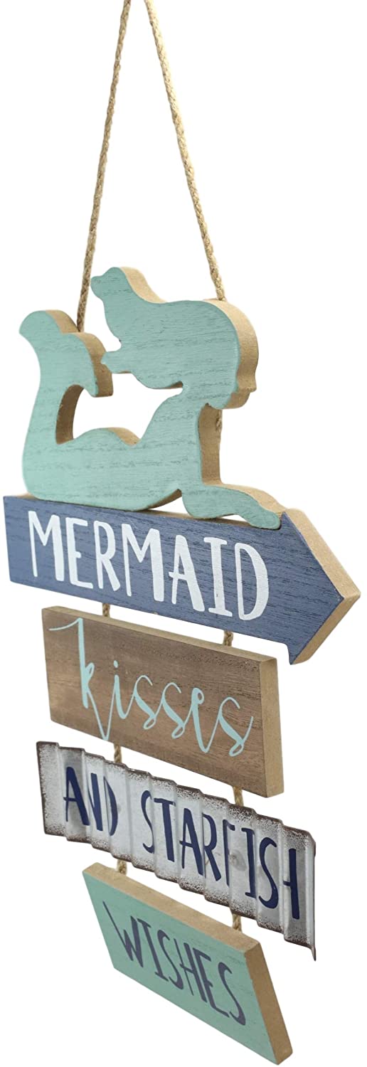 Ebros Teal Mermaid Wall Decor Sign Mermaid Kisses & Starfish Wishes Plaque 13"H
