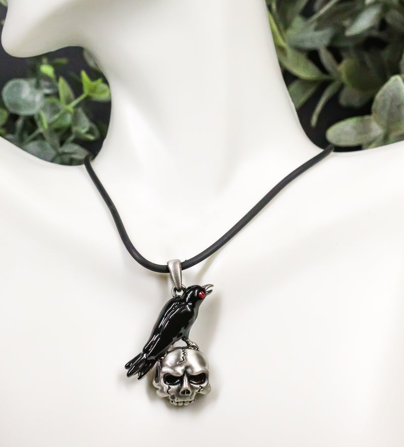 Ebros Infected Red Eyed Raven On Skull Pendant Jewelry Necklace Lead Free Pewter