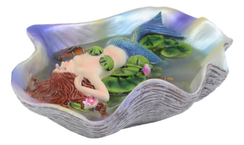 Ebros Sheila Wolk Elan Vital Sculpture Red Haired Mermaid Sleeping On Water Lilies With Koi Fishes In A Giant Clam Shell Pond Figurine Fantasy Mermaids Pirates Sirens Decor Statue 6.75"Long