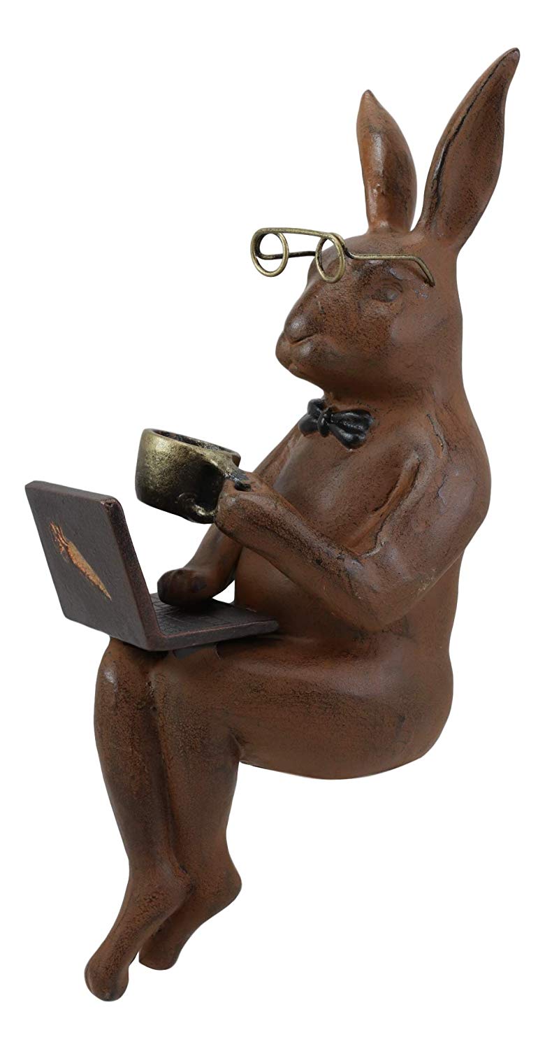 Ebros Large 14" Tall Aluminum Metal Whimsical Rabbit with Carrot Laptop On Coffee Break Garden Ledge Shelf Table Edge Sitter Statue Bunny Rabbits Rustic Cottage Lawn Pool Patio Decorative Figurine