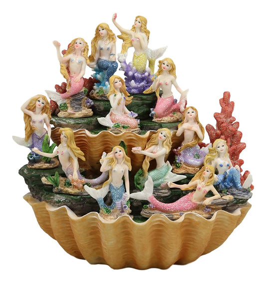 Ebros 10" Wide Colorful Nautical Ocean 2 Tier Golden Giant Clam Shell With Coral Reefs LED Glow Lights Display Stand With 12 Miniature Mermaids Figurine Set Fantasy Mermaid Mergirls Sirens of The Seas - Ebros Gift