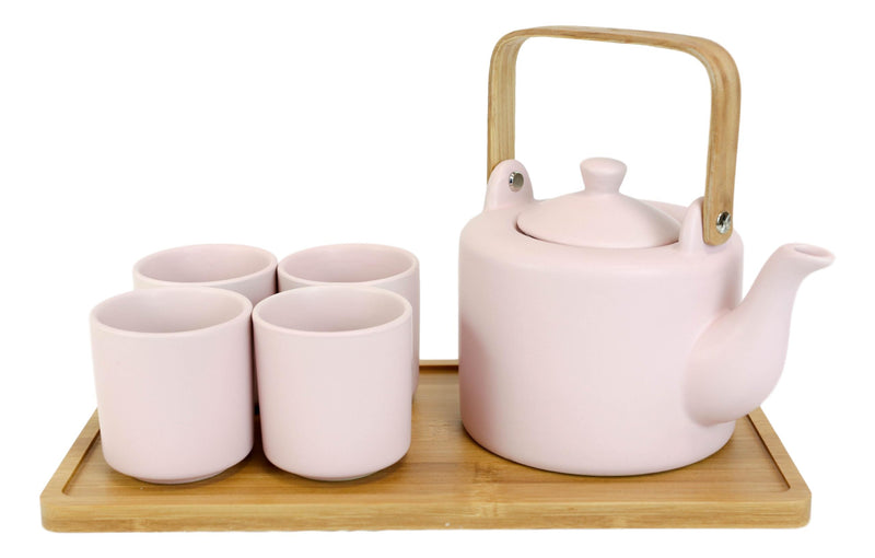 Matte Pink Modern Ceramic 28oz Tea Pot With 4 Cups And Bamboo Serving Tray Set