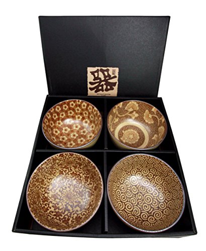 Ebros Gift Japanese Floral Blossom Sepia Brown Color Food Safe 5" Diameter Decorative Bowl Set of 4 Ceramic