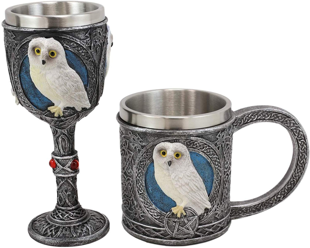 Ebros Dazed Snow White Owl With Celtic Tribal Tattoo Wine Goblet And Mug Set