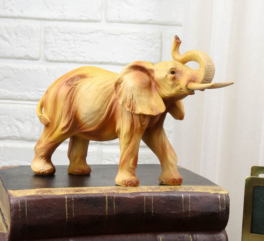 Safari Savannah Landscape Majestic Elephant With Trunk Up Faux Wood Figurine - Ebros Gift