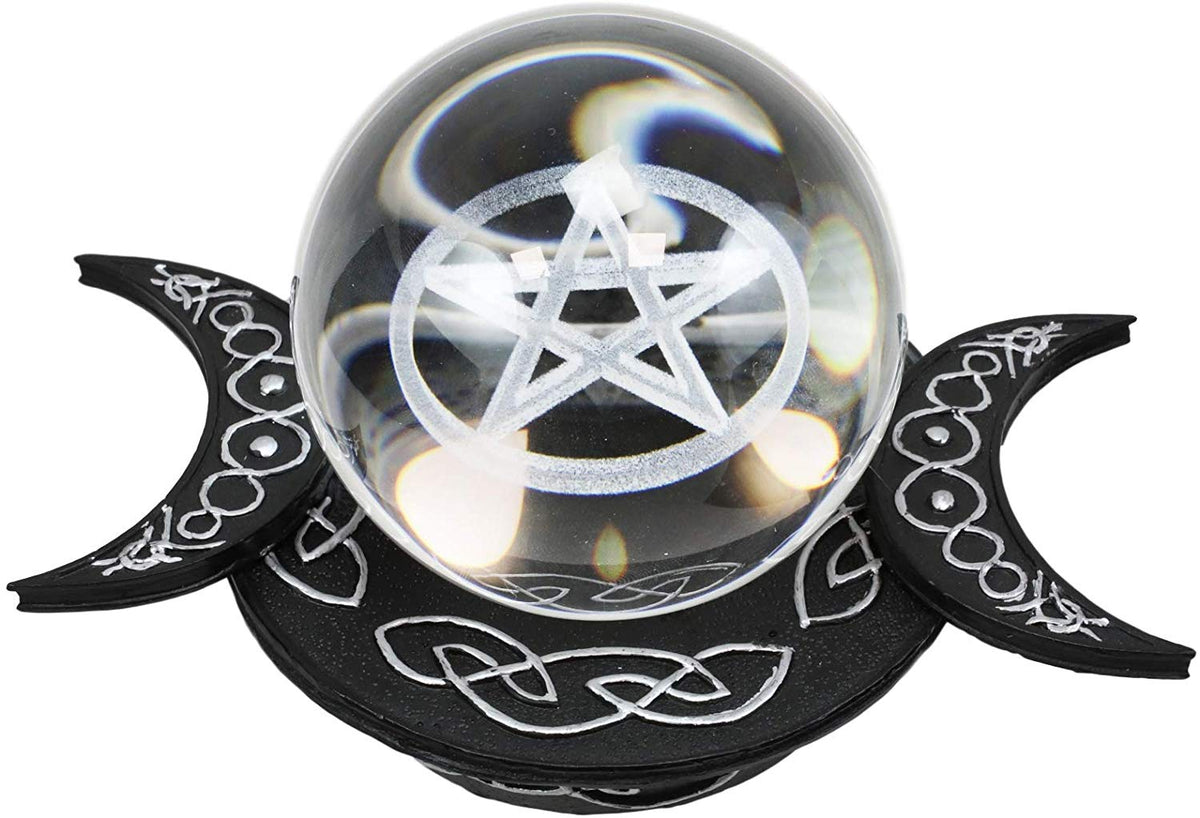 Ebros Sacred Moon Triple Goddess Glass Gazing Ball Orb With Pentagram Symbol 6"W