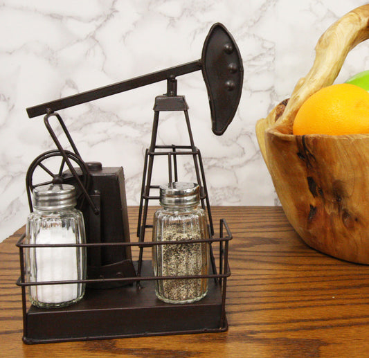Ebros Vintage Metal Oil Derrick Rig Pump Glass Salt And Pepper Shakers Carrier Holder