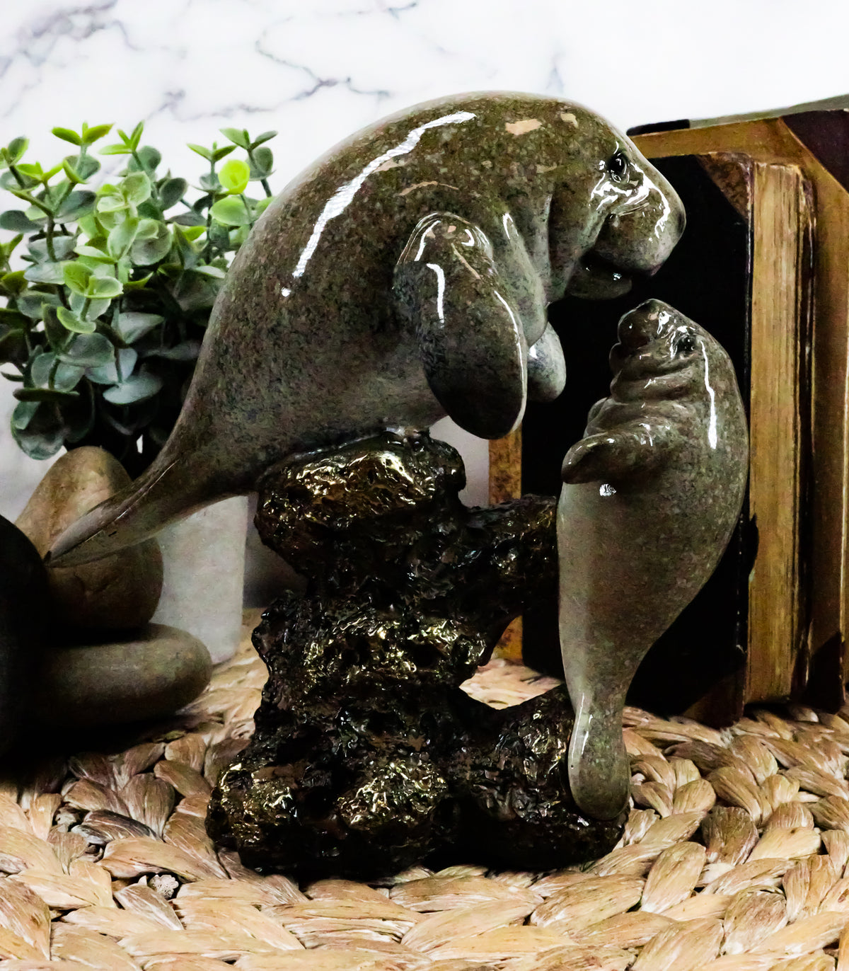 Ebroos Nautical Coastal Antillean Manatee Sea Cow With Calf By Coral Rocks Decor