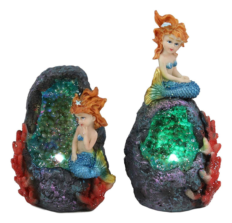 Ebros Nautical Blue Tail Mermaids With LED Light Geode Crystal Cave Figurines Set Of 2