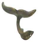 Ebros Set of 2 Cast Iron Nautical Baleen Blue Whale Tail Wall Hooks in Verdi Blue and Gold Metallic Color 5" Wide Hanger