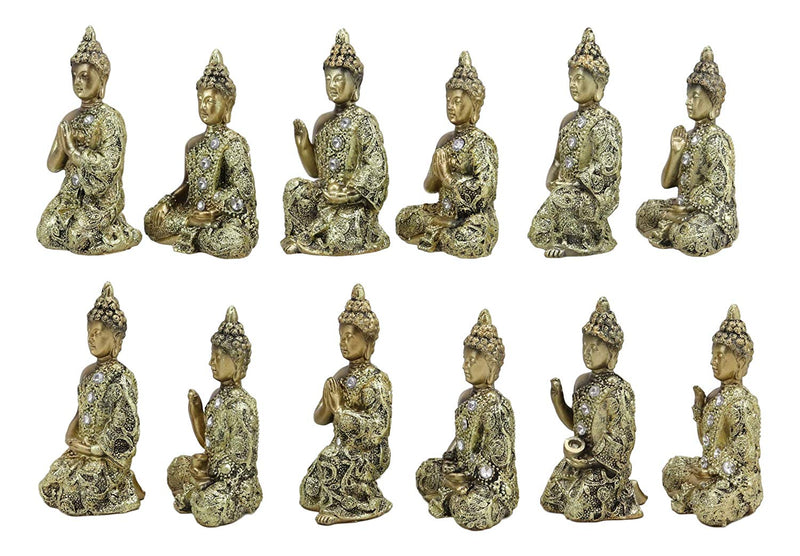 Golden Miniature Meditating Buddha Amitabha Many Mudra Poses Figurine Set of 12