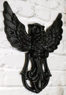 Metal Rustic Flying Wise Great Horned Owl Fleur De Lis Door Knocker Sculpture