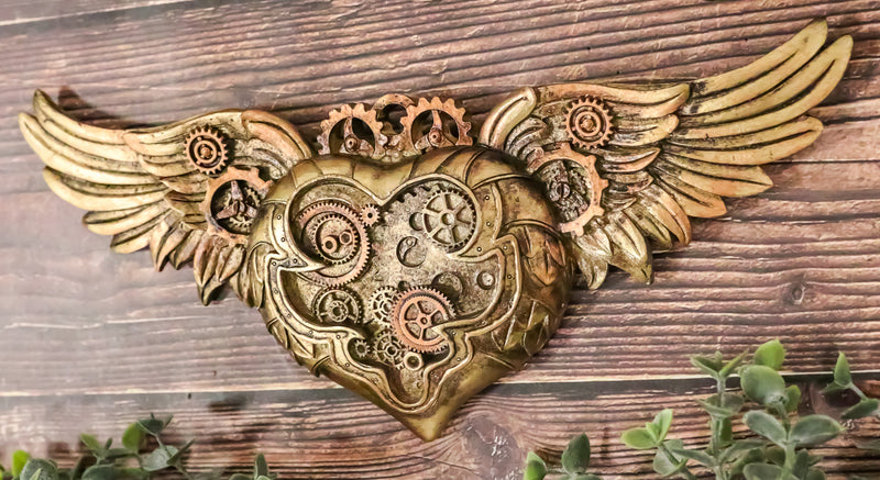 Steampunk Romantic Angel Winged Heart Clockwork And Gearwork Wall Plaque Decor