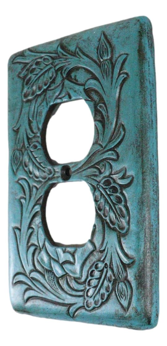 Set of 2 Western Tooled Floral Turquoise Wall Double Receptacle Outlet Plates