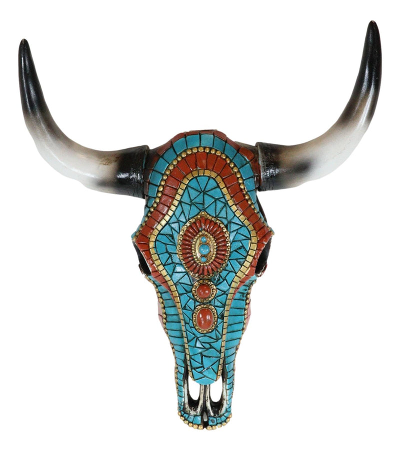 Southwest Steer Cow Skull With Turquoise Gold And Red Teardrop Gems Wall Decor