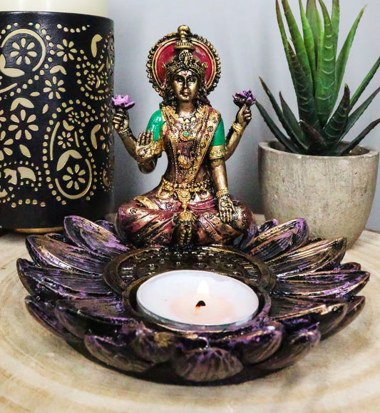 Hindu Goddess Sri Lakshmi On Lotus Padma Flower Votive Candle Holder Figurine