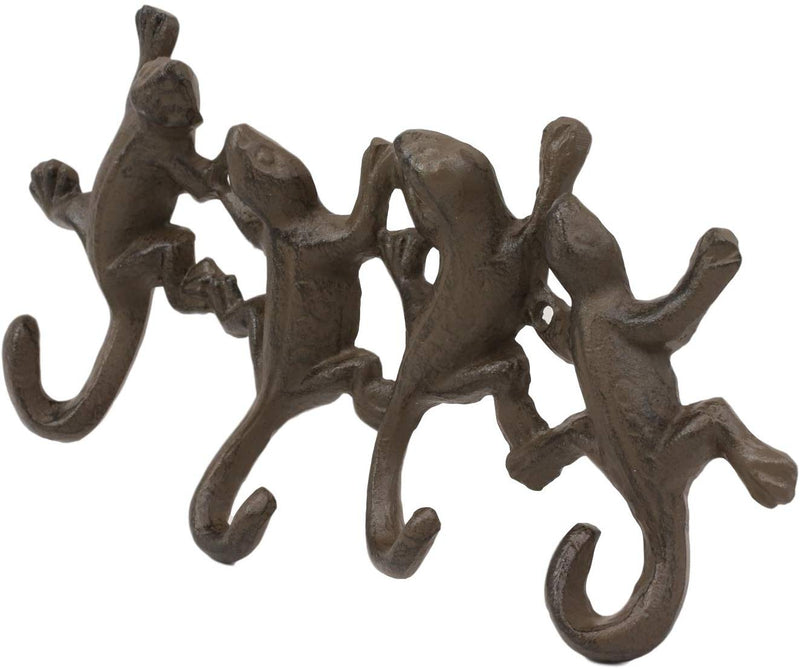Ebros Cast Iron Rustic Animal Reptile Gecko Lizards Tails 4 Pegs Quad Wall Hooks 9.25" Wide Hanger Lizard Geckos Themed Wall Mount Leash Coat Hat Keys Hook Decor Hanging Sculpture Plaque