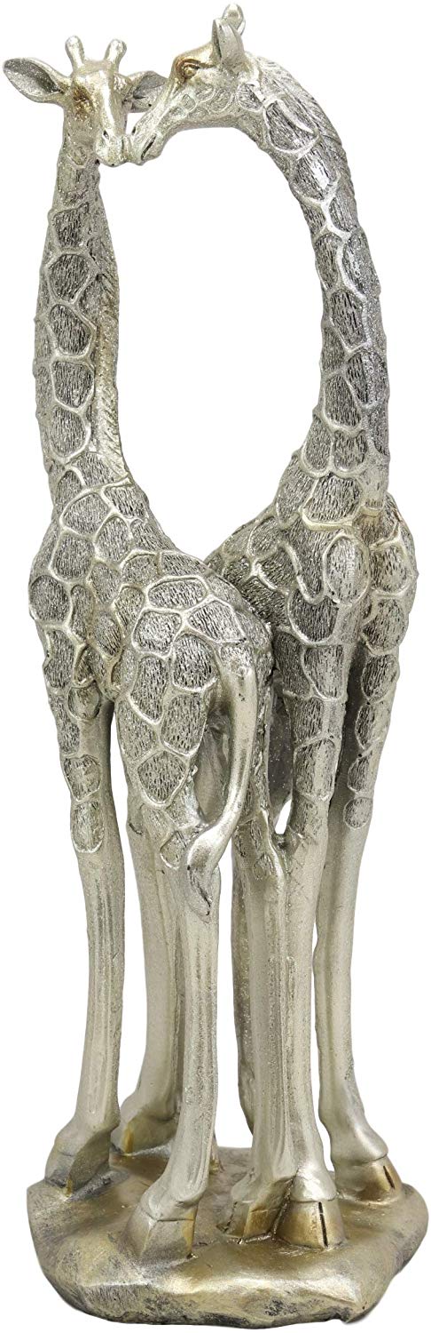 Ebros Large Silver Giraffe Lovers Couple Statue 12.5" Tall Safari Savannah Standing Giraffe Husband and Wife with Heart Shaped Neck Figurine Decor for Valentine's Day Anniversary Birthday Gift