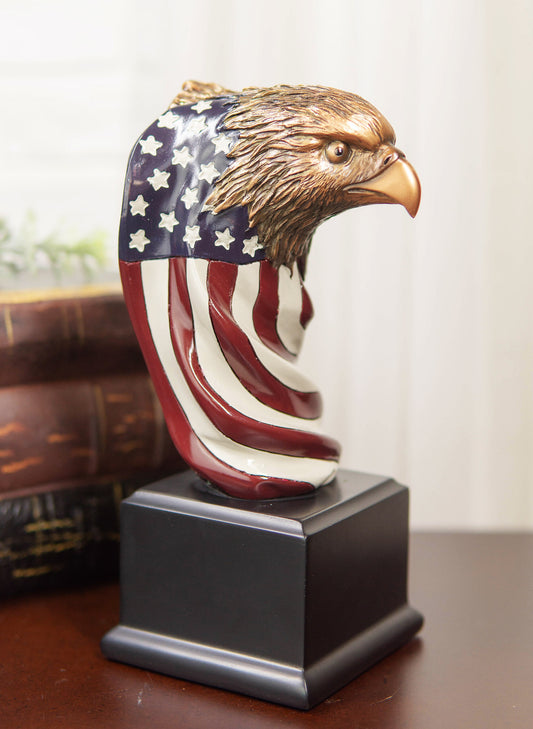 Patriotic Bald Eagle On USA Star Spangled Banner Flag Bust Electroplated Statue - Ebros Gift