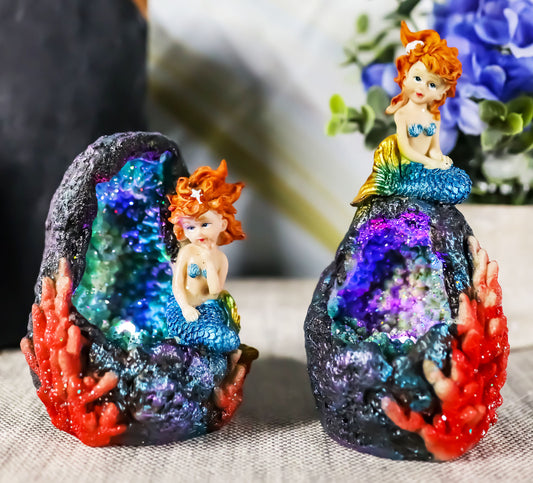 Ebros Nautical Blue Tail Mermaids With LED Light Geode Crystal Cave Figurines Set Of 2