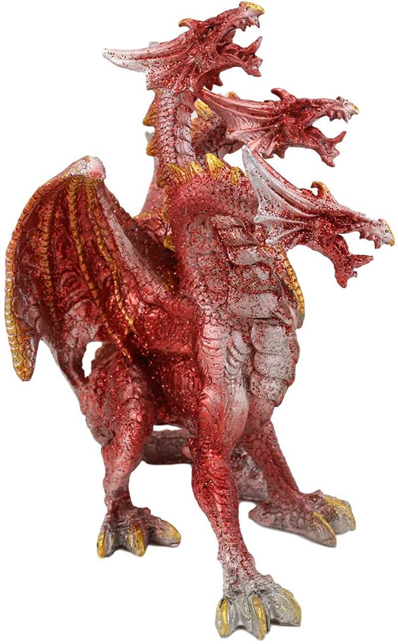 Ebros Red Fire Three Headed Dragon Hydra Roaring Statue 8" Tall Figurine Decor