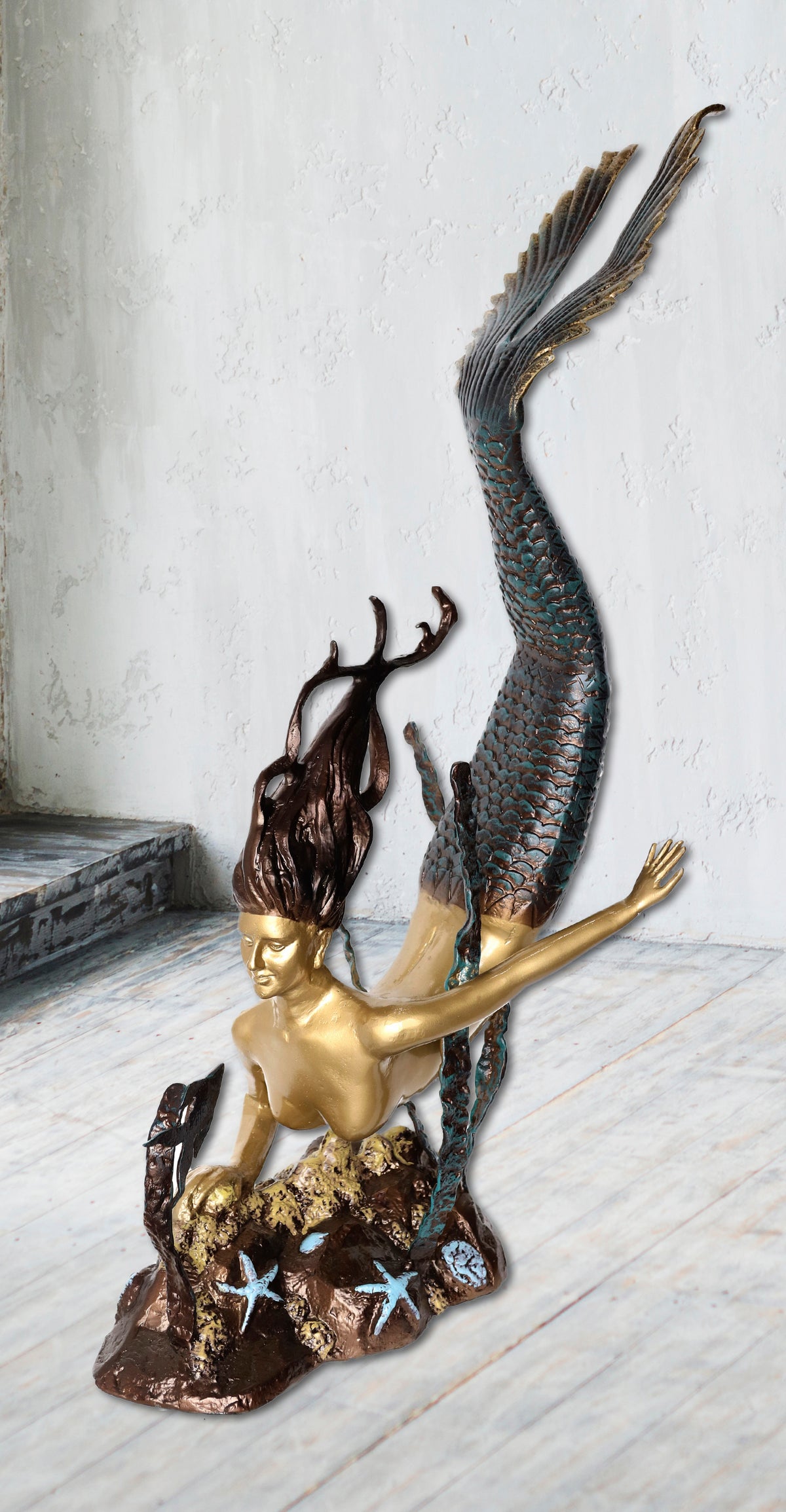 4 Feet Tall Aluminum Nautical Golden Mermaid Diving By Starfishes Coral Statue