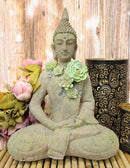 Ebros Meditating Shakyamuni Buddha Gautama With Ushnisha Head And Floral Succulents Statue 15" Tall In Faux Stone Finish Amitabha Celestial Buddhism Bodhisattva Figurine Feng Shui Zen Altar Decoration