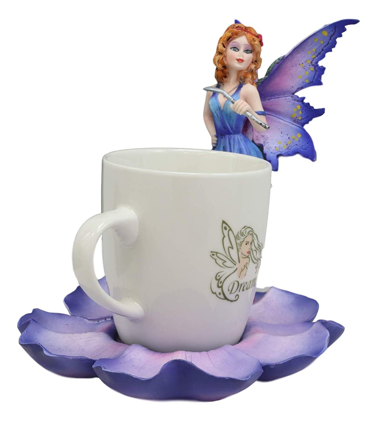 Ebros Fantasy Pixie Beverage Teacup Fairy Standing On Flower Saucer Display Stand Holder Statue with Dream Eden Coffee Mug Set for Whimsical Tea Party Decor Accent of Fairies Nymphs Pixies (Purple)