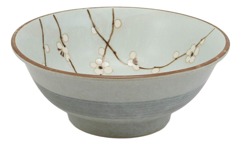 Ebros Gift Made In Japan 8.5" Dia Light Blue Plum Set of 4 Bowls With Sakura Cherry Blossoms Design 42 oz Ramen Pho Noodles Soup Serving Bowl Kitchen Dining