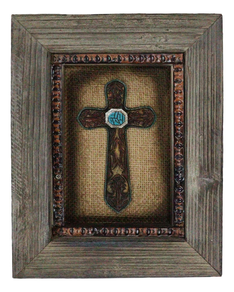 Pack of 2 Rustic Western Turquoise Gems Horseshoe Cross Wood Framed Wall Decors