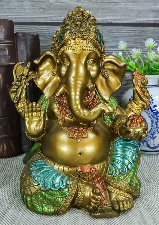 Seated Hindu God Ganesha Ganapati Holding Trident Axe and Modaka Bowl Figurine