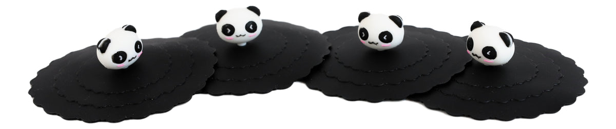 Set Of 4 Black Giant Panda Reusable Silicone Coffee Tea Cup Cover Lids Air Tight