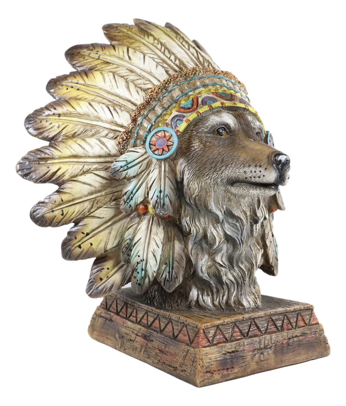 Rustic Western Tribal Indian Warrior Chief Headdress Wolf Figurine With Base