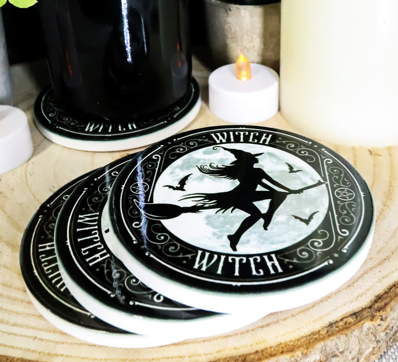 Witch Flying On Magic Broomstick Ceramic Coaster Set of 4 Tiles With Cork Backs