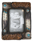 Set Of 2 Rustic Southwestern Boho Feathers Turquoise Gems Scroll Picture Frames