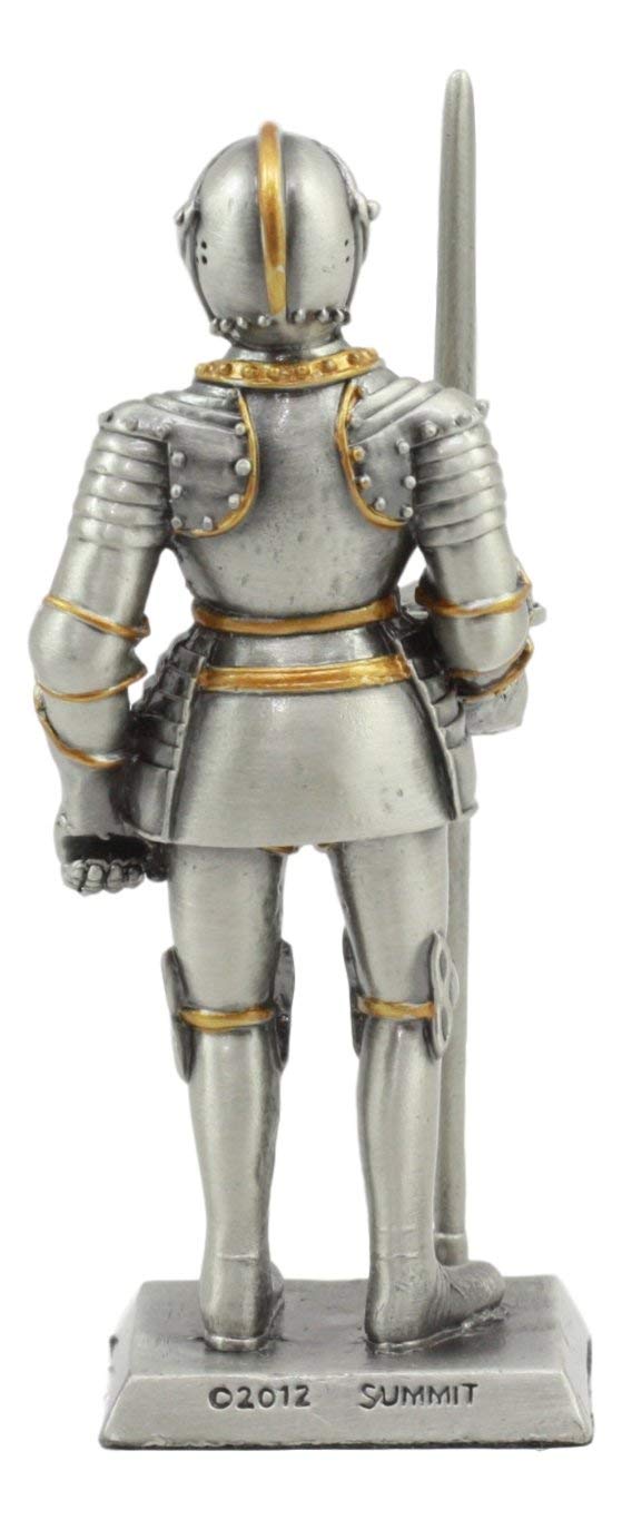 Ebros Pewter English Knight Statue 4" H Medieval Suit Of Armor Knight With Javelin Pole-arm Pewter Figurine Collectible