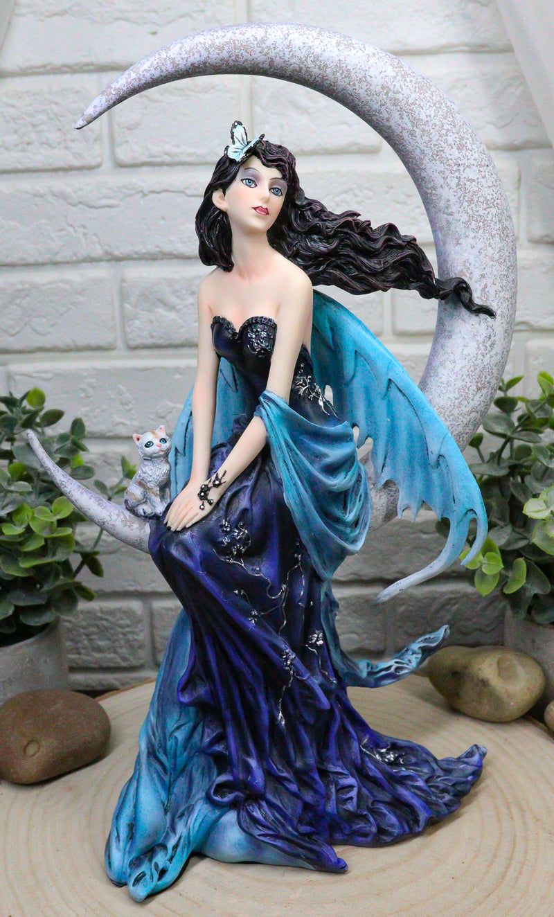 Ebros Large Indigo Moon Celestial Witching Hour Fairy with Kitten Cat Statue 11.75"H