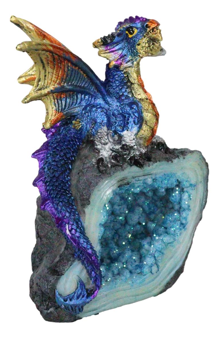 Metallic Blue Iridescent Wyrmling Dragon On Faux Geode Crystal Rock Figurine