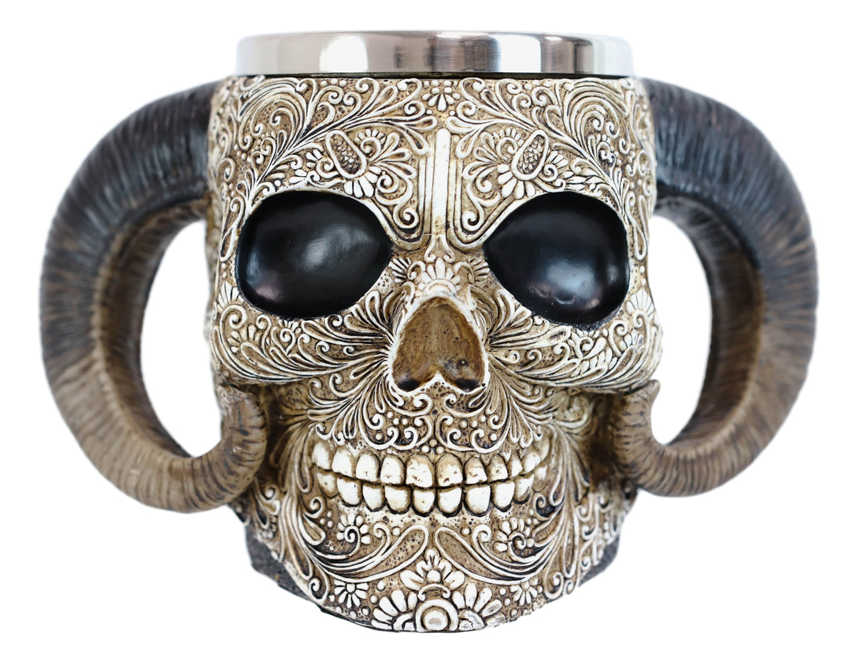 Ram Horned Tribal Floral Lace Tooled Skull Beer Stein Tankard Coffee Cup Mug