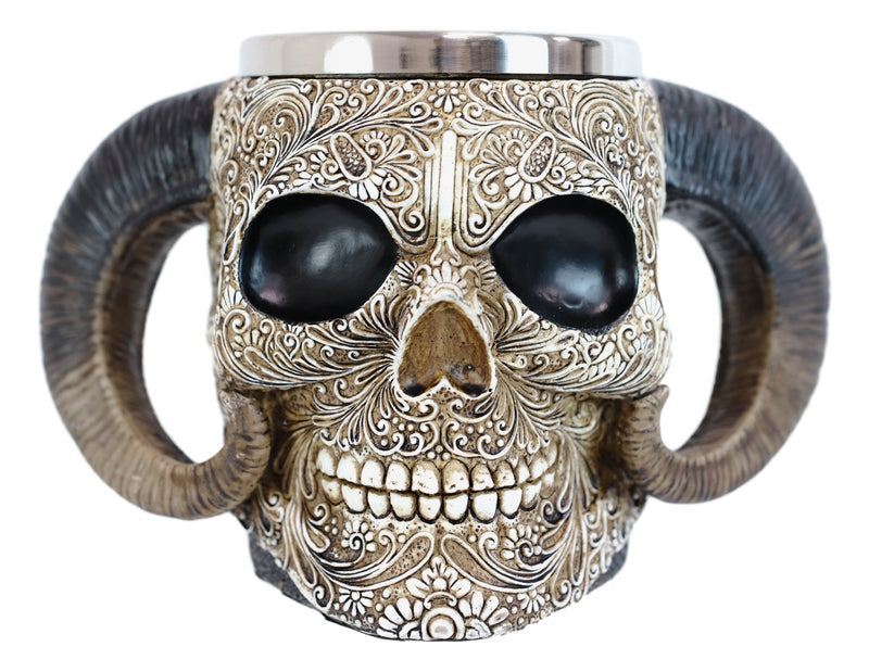 Ram Horned Tribal Floral Lace Tooled Skull Beer Stein Tankard Coffee Cup Mug