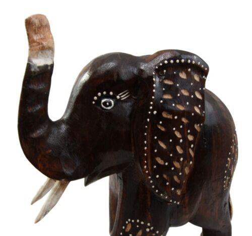 Balinese Wood Handicrafts Safari Jungle Elephant With Trunk Up Figurine 10"H
