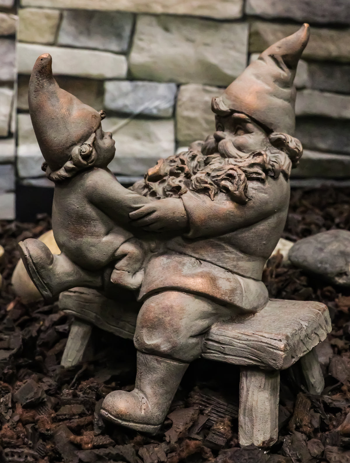 Family Bonding Papa Gnome With Baby Gnome Sitting On Wooden Stool Garden Statue - Ebros Gift