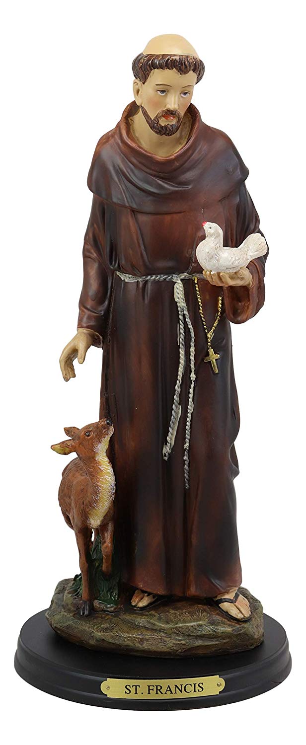 Ebros Gift Holy Catholic Saint Francis of Assisi with Dove and Deer Statue and Brass Name Plate 12.25" H Devoted Monk Patron of Animals & Environment Servant of Christ Altar Figurine Sculpture