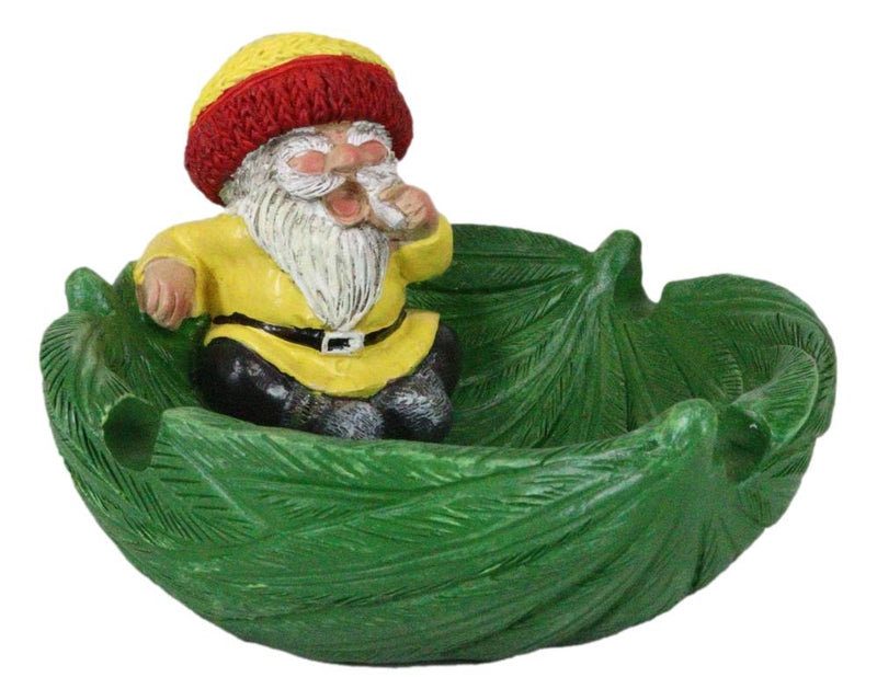 Gypsy Rasta Gnome Smoking Rolled Stash Sitting On Green Leaf Cigarette Ashtray