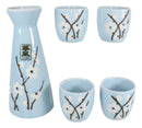 White Sakura Cherry Blossom Sky Blue Ceramic Sake Set Carafe Flask With 4 Cups