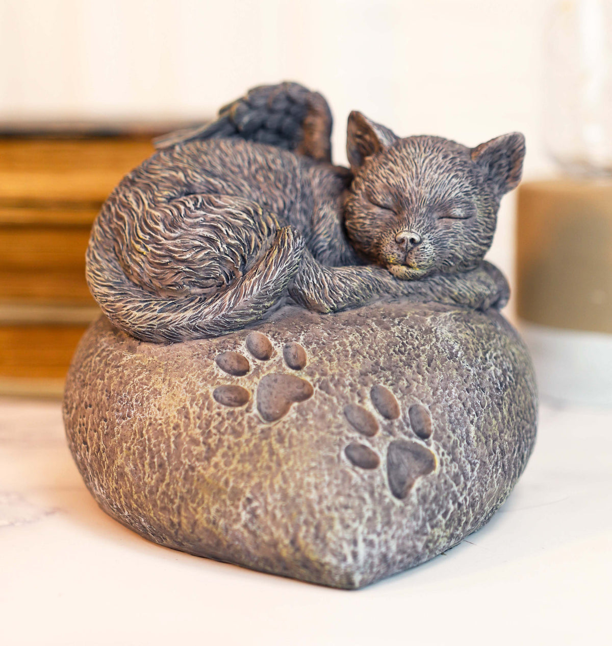 Pet Memorial My Love Sleeping Angle Cat Foot Print Rock Urn Bottom Load 30 Cubic