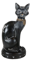 Wicca Halloween Black Cat with Pentagram Necklace and Alchemy Symbols Figurine